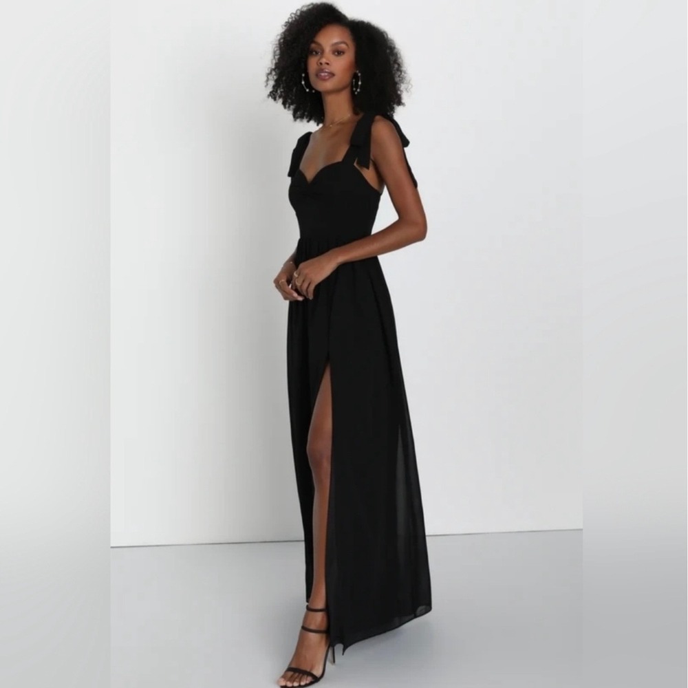 Lulus Black Tie Shoulder Maxi Dress Slit Formal Evening Wedding Minimalist